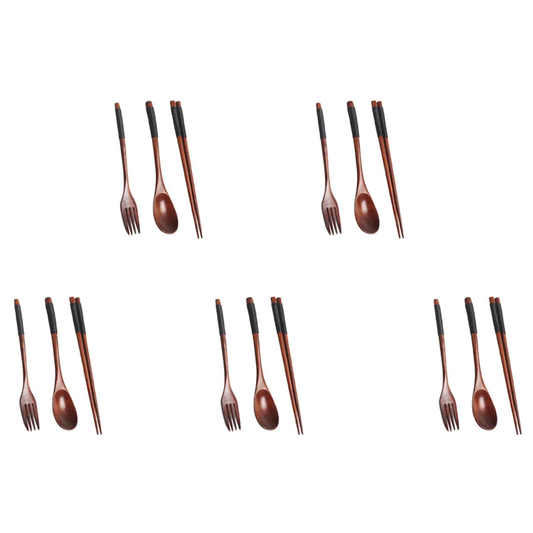 Hndhbfgrt 5X Wooden Flatware Set, Wooden Portable Set Chopsticks Spoon Fork Tableware Dinnerware with Black Twining Thread