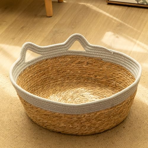 Rosoy 猫用ベッド 和柄 かごベッド ガマ草 藤編み ラタン クッション付き ペットベッド ナチュラル 手編み 通気性 オールシーズン (S,グレー)