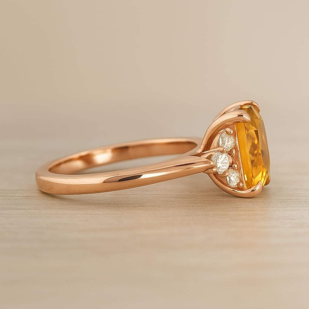 Cushion Cut Citrine Engagement Ring for Women 14k Rose Gold Ring with Diamond Cluster Dainty Vintage Wedding Promise Jewelry Gift for Her
