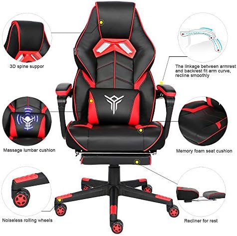 YOURLITEAMZ Racing Gaming Chair with Footrest and Massage Lumbar Pillow, Swivel Height Adjustable Reclining PU Leather Video Game Chair, E-Sports Gaming Chair Big and Tall (Red)