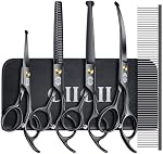 CIICII Dog Grooming Scissors Kit, 7 Inch Professional Pet Grooming Scissors Set with Safety Round Tip (Dogs/Cat Hair Cutting Trimming Thinning Shears with Curved Scissors) for DIY Home Salon (Black)