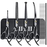 CIICII Dog Grooming Scissors Kit, 7 Inch Professional Pet Grooming Scissors Set with Safety Round Tip (Dogs/Cat Hair Cutting Trimming Thinning Shears with Curved Scissors) for DIY Home Salon (Black)