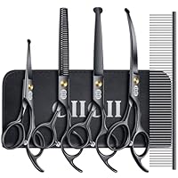 CIICII Hundeschere, 7 Zoll Profi Fellschere Hunde Set mit Runder Sicherheitsspitze (Katzen Hundepflege Effilierschere & Gebogene & Gerade Haarschere) für Fellpflege Hund Katze Haustier (Schwarz)