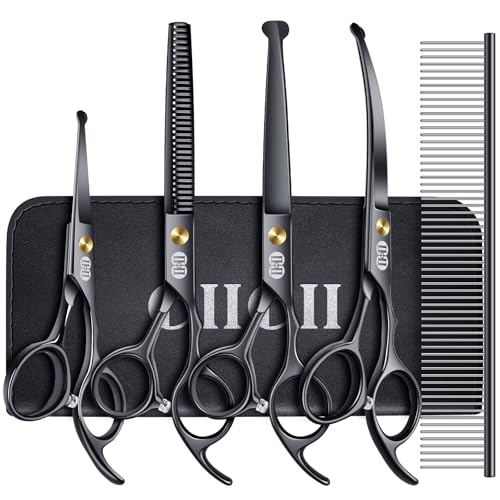 CIICII Hundeschere, 7 Zoll Profi Fellschere Hunde Set mit Runder Sicherheitsspitze (Katzen Hundepflege Effilierschere & Gebogene & Gerade Haarschere) für Fellpflege Hund Katze Haustier (Schwarz)
