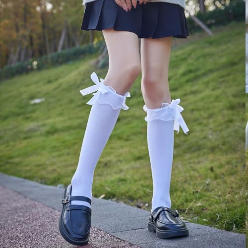 Image of AMHRLINGTO Women's Lace Ruffle Frilly Ankle Socks - Girl Cotton Knee High Socks with Bow Lace Ruffle Trim