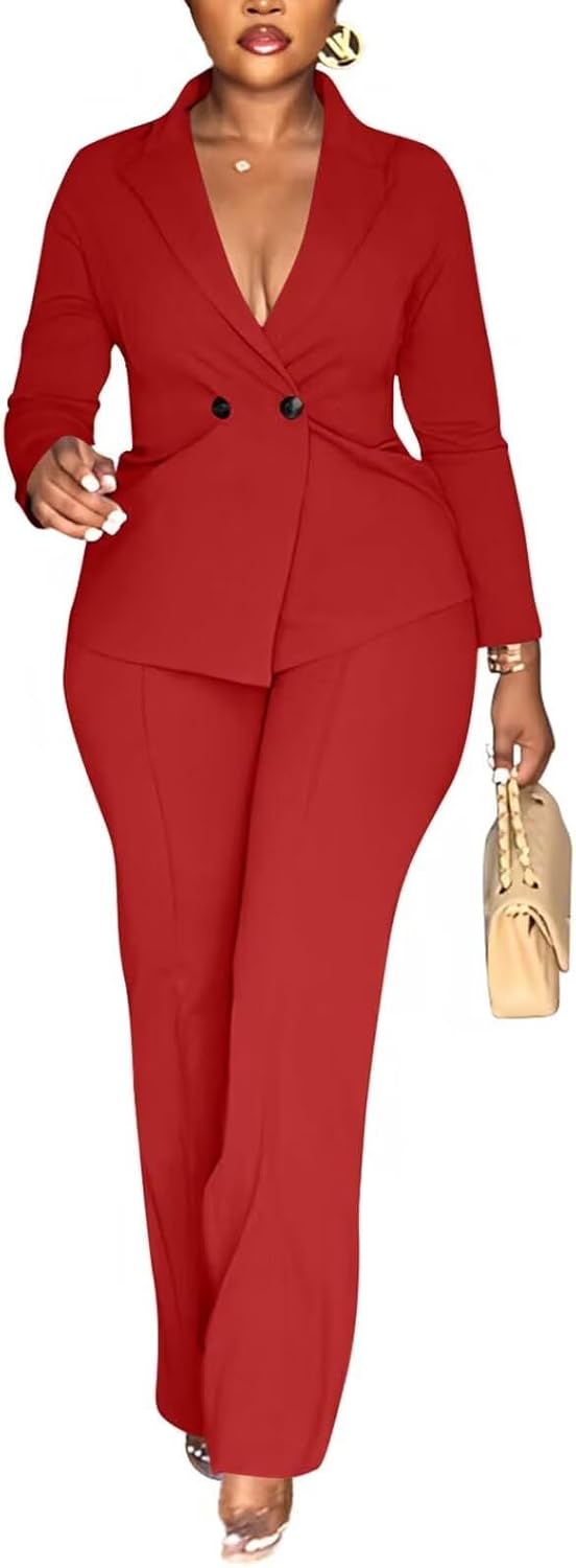Kafiloe Women Double Breasted Blazer Pants Suit 2 Piece Outfits Casual Long Sleeve Blazer Set for Work Business