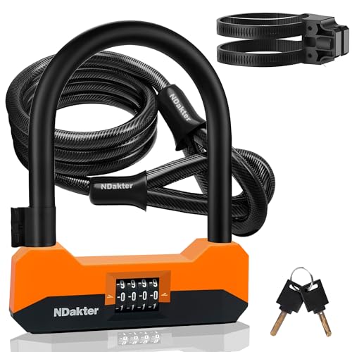 Image of NDakter Bike Locks Heavy Duty Anti Theft, 18mm Bicycle Combo U Lock, 4-Digit Resettable Combination Lock with 5FT Steel Cable and Bracket, for Electric Scooter, Ebike, Motorcycle (Orange)