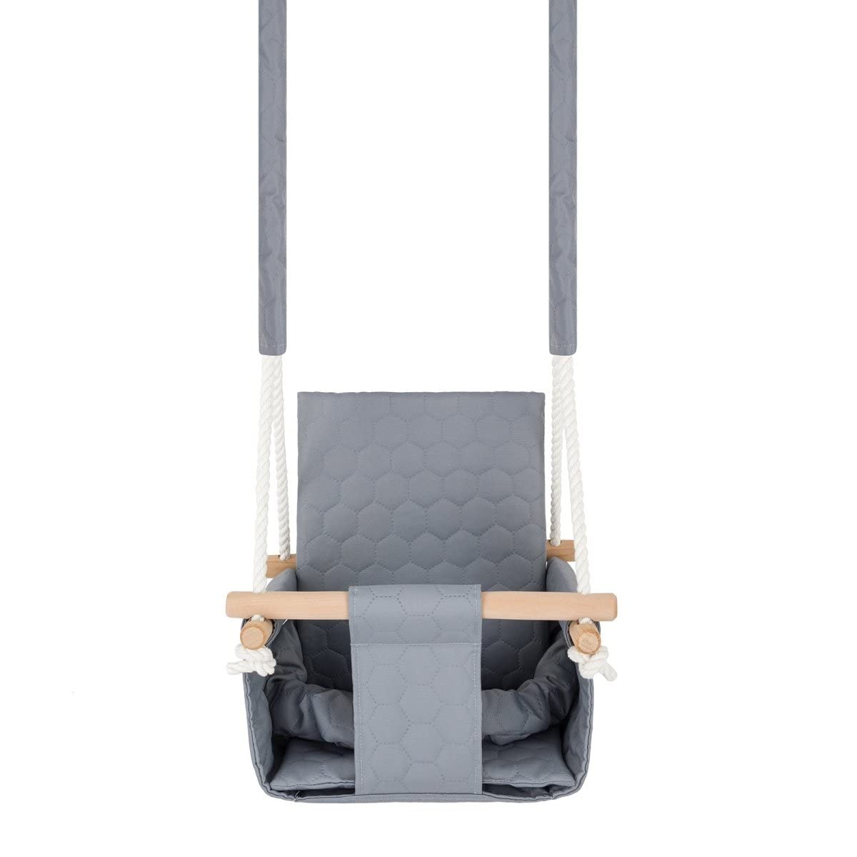 Safe Outdoor Indoor Babyschaukel - Wasserdichter Stoffsitz mit Gurten - Naturholz - 9 Monate - 3 Jahre - Belastung 20 kg - Hellgrau
