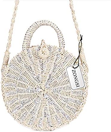 Zongsi Mini Handmade Round Straw Beach Bag Shoulder bag for women (Silver)