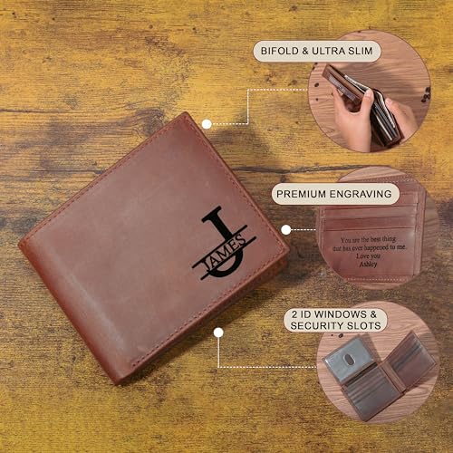 Engraved Mens Bifold Wallet - Top Grain Leather with Dual ID Windows | Advanced RFID Protection | Slim Design with 8 Card Slots | Durable Stitching | Personalized Gift For Him - Light Brown Engraved2