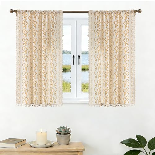Image of Yellow Boho Curtains 45 Inch Long for Living Room, Bedroom, 2 Panels Floral Farmhouse Vintage Tassel Semi Sheer Light Filtering Privacy Window Curtains Drapes with Rod Pocket