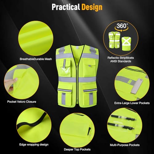 Image of Class 2 Safety Vest with Zipper Front and multiple Pockets, High Visibility Vest, Meets ANSI /ISEA Standards