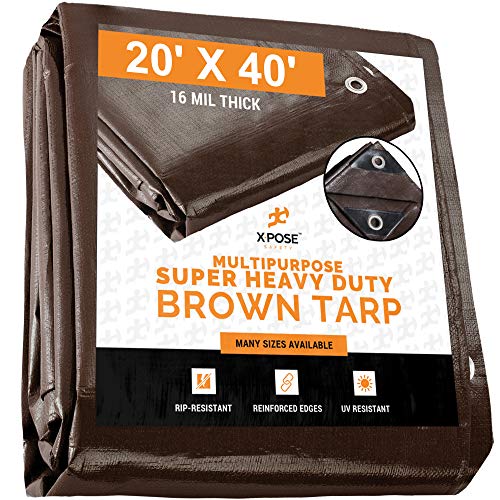 20' x 40' Super Heavy Duty 16 Mil Brown Poly Tarp Cover - Thick Waterproof, UV Resistant, Rip and Tear Proof Tarpaulin with Grommets and Reinforced Edges - by Xpose Safety