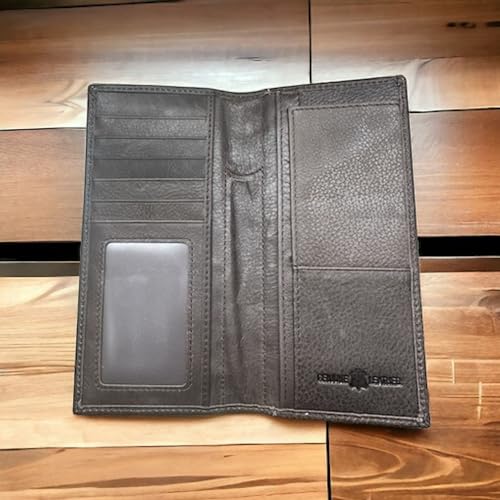 Men’s Long Leather Wallet – Basketweave Rodeo Bifold with Bull Rider Concho and Hair-On Cowhide Inlay – Cowboy Checkbook Wallet for Ranchers & Rodeo Fans3