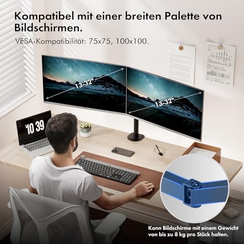VonHaus Doppelte Monitor Halterung für 13-32”-PCs, Monitor Halterung 2 Monitore mit Tischklemme, Anpassbare Höhe, Leicht Anzubringen, Kipp-, Dreh- und Schwenkarme, VESA 75x75 & 100x100 mm Monitor Arm