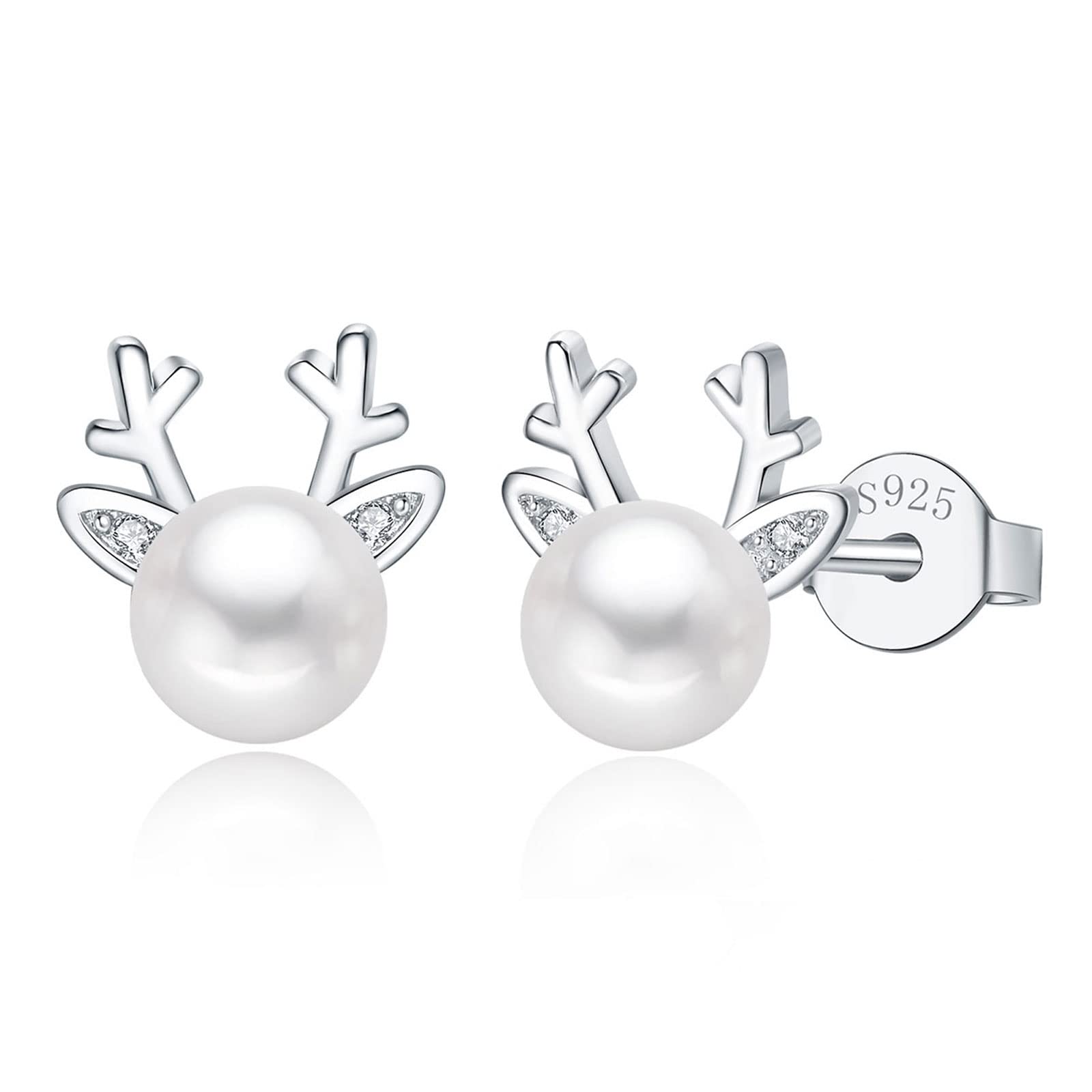 Josfeva Silber Weihnachten Ohrringe Damen, 925 Sterling Silber Weihnachts Ohrstecker, Schneeflocke Elch Perle Ohrstecker Silber für Damen, 10mm Silber Schlafen Ohrstecker zum Winter Weihnachten