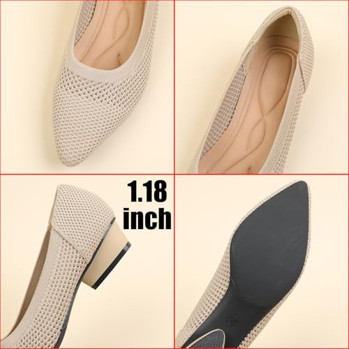 Women's Knit Pointed Toe Low Chunky Heel Pumps Fashion Mesh Hollow Shallow Mouth Slip On Low Heel Ballet Shoes Comfortable Breathable Casual Office Wedding Formal Dress Shoes3