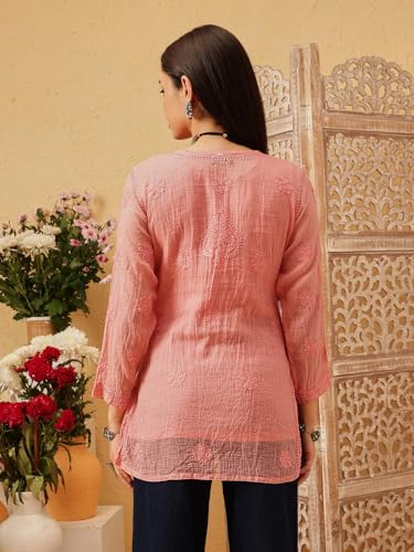 Image of Ada Women's Cotton Blend Regular Fit Tunic Hand Embroidered Lucknowi Chikankari Kota Western Top Kurti With Slip A911184
