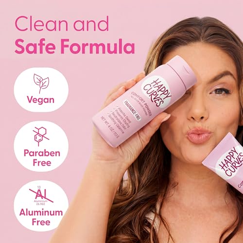 Image of HAPPY CURVES Comfort Powder: Talc Free Anti Chafe Body & Foot Dusting Powder Deodorant to Control Inner Thigh Chafing, Private Areas, and All Over Body for Women (4 Ounce (Pack of 1), Fragrance-Free)