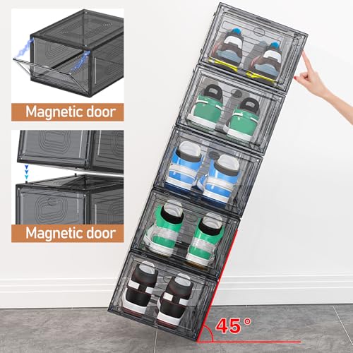 Image of caktraie 10 Pack Thicken Shoe Organizer Stackable,Upgraded Sturdy Shoe Storage Box with Magnetic Door,Shoe Containers For Sneaker Display,Hat Organizer,Black