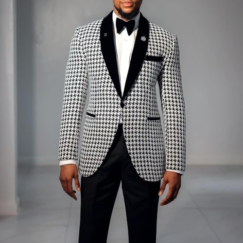 2 Pieces Men's Suit Houndstooth Tuxedo Slim Groom Wedding Blazer Dogstooth Jacket Pants Formal Set for Party,Prom3