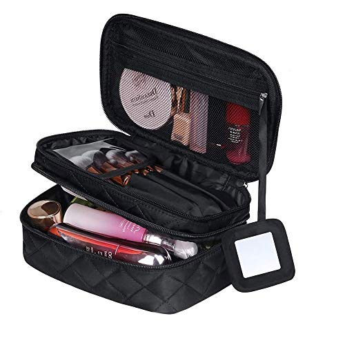 Preisvergleich Produktbild EMAGEREN Kosmetiktasche Mädchen, Schminktasche mit Pinselfach Schwarz Doppelschicht Wasserdicht MakeUp Tasche Organizer Kulturtasche mit Spiege, Tragegriff und Zip (Mitte)