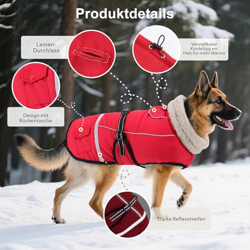 Woiil Hundemantel Wintermantel, Hundejacke Wasserdicht für Grosse Hunde mit Verstellbaren Schultergurten, Warm Hundemantel aus Fleece, Reflektierende Streifen,Geeignet für Labrador Rot, XL