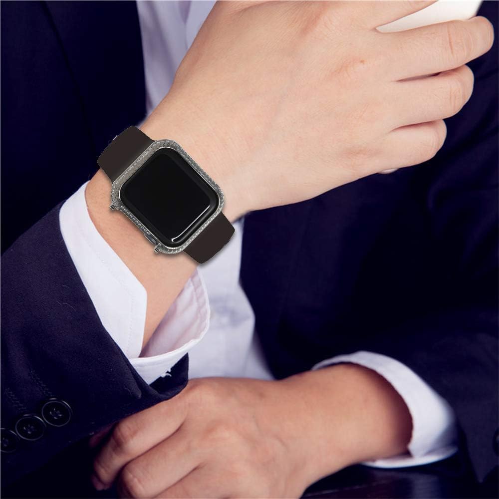 Callancity Rhinestone Metal Bezel Case Cover Compatible for Apple Watch Series 4 5 White Crystals for Men/Women(Black, 40MM)