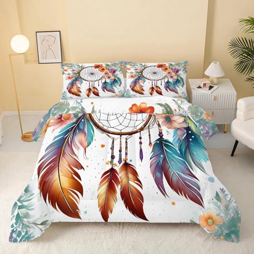 Edredon Cama 150/135 Blanco Relleno Nordico Cama 150/135 de Microfibra, Ligero y Suave 4 Estaciones Reversible Edredón 220x240 cm y 2 Fundas de Almohadas 50x75 cm, Flores, Plumas, Atrapasueños