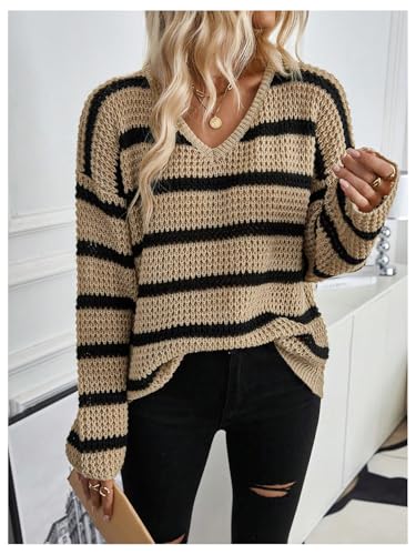 MakeMeChic Women's Striped V Neck Sweater Long Sleeve Drop Shoulder Knit Pullovers3