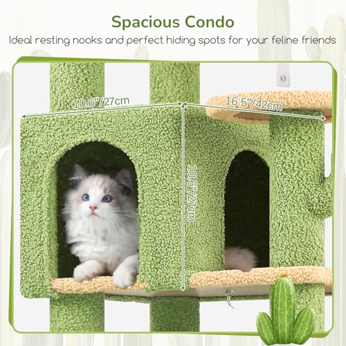 Image of Globlazer Extra Large Platform Cactus Cat Tree, 65in Sturdy Cat Tree for Multiple Indoor Cats Large Adult, Big Cat Tower with 3 Padded Perches, 6 Scratching Posts, Spacious Condo, Hammock, S65, Green