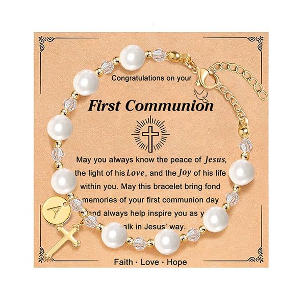 Initial A-Z Letter First Communion Gifts for Girls,Rosary Pearl Cross Bracelet for Christian Catholic Goddaughter