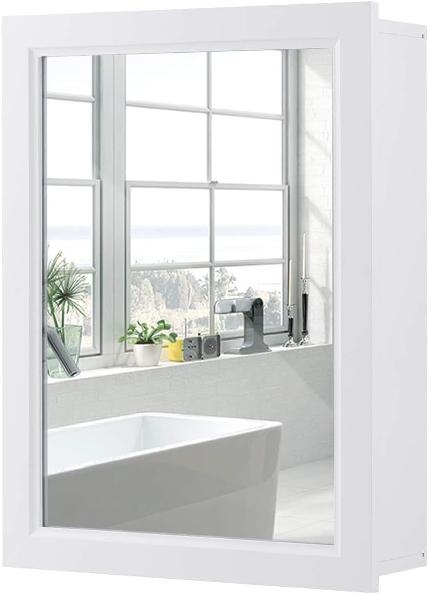 FUTADA Bathroom Medicine Cabinet with Mirror, Wall-Mounted Storage Organizer, Adjustable Shelf & Single Door, Modern Mirror Cabinet for Living Room, Bedroom, Hallway (White)