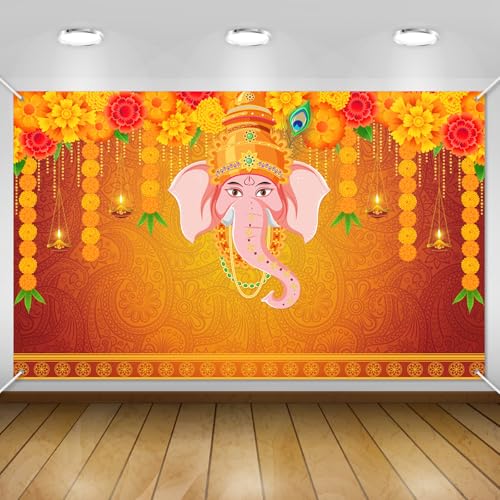 Image of Avezano Indian Pooja Traditional Backdrop Indian Religious Festival Marigold Banner Orange Flower Marriage Hindu Curtain Bridal Shower Wedding Party Decorations Banner (6x3.6ft)