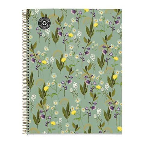 Miquelrius MR48233 A4 Recycled Horizontal Stripe Notebook 7mm 120 Sheets 4 Coloured Stripes Garden Memories Collection Green Flowers Cover