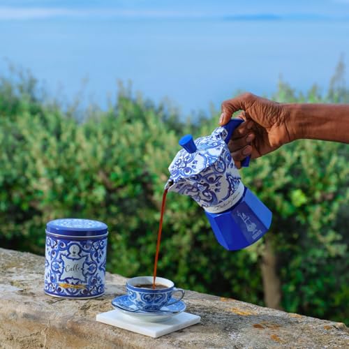 Image of Bialetti Original Dolce & Gabbana Blue Mediterraneo Design Moka Pot, Italian Stovetop Espresso Maker, Premium Coffee Maker, Made in Italy for Authentic Espresso Coffee Since 1933 (3 Cup)