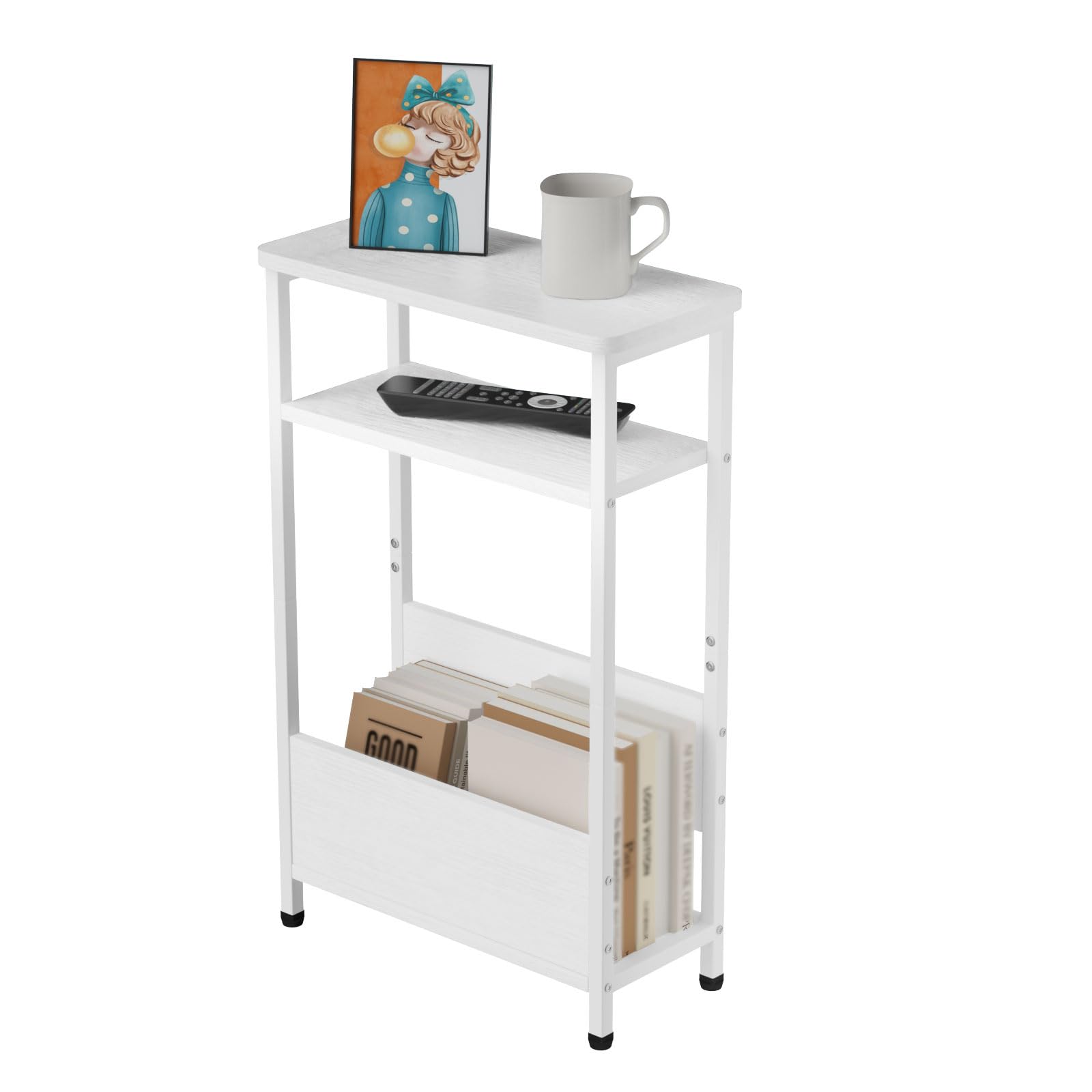 7.1" Narrow Side Table for Small Spaces, 3 Tier Small End Table with Magazine Holder, Slim/Skinny Nightstand/Bedside Table for Living Room, Bedroom, 15.4" L x 24.2" H, White