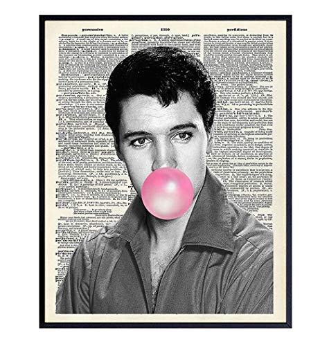 Poster of Funny Elvis Presley Bubblegum Wall Decor - 8x10 Upcycled Dictionary Home Art Decoration for Bedroom, Living Room, Office - Unique Gift for Men, Women, Graceland, The King Fans