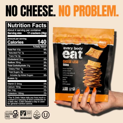 Image of Every Body Eat Gluten Free Crackers, Cheese-Less - Vegan Snacks, Dairy Free Cheddar Style Snack Crackers, Seed Oil Free (Pack of 6), 4 oz Bags