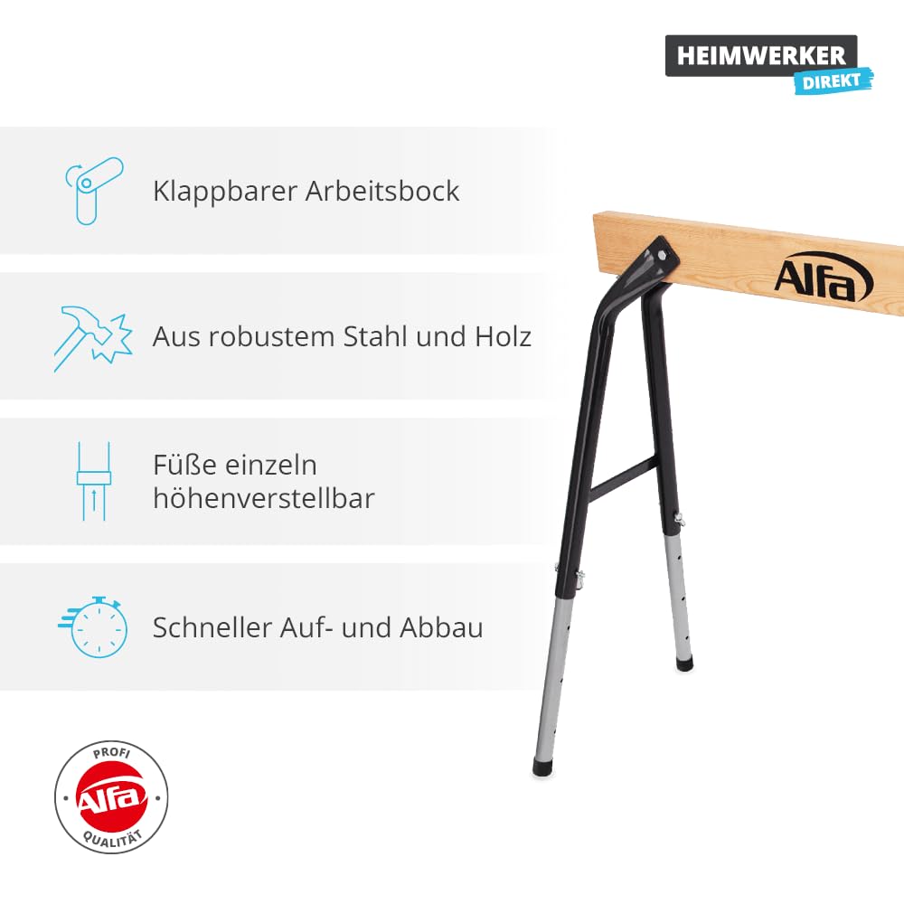 2x Alfa Arbeitsbock höhenverstellbar – belastbar bis 300 kg/Paar | Profi-Qualität – Aus robustem Stahl und Holz – zusammenklappbarer Gerüstbock