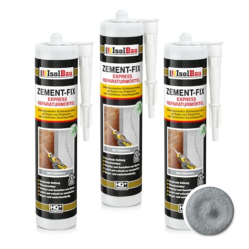 Isolbau Zement-Fix 3 x 300 ml Betongrau Express Reperaturmörtel - Dichtungsmasse für Fugen & Risse im Innen- & Außenbereich, Kartusche