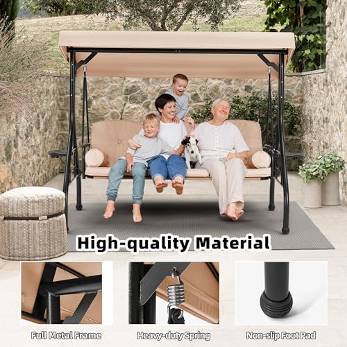 Image of HOMREST 3 Seat Outdoor Porch Swing with Adjustable Canopy, Convertible Patio Swing Bed with Stand, Patio Glider Swing with Upgraded Cup Holder, Thicken Cushions ＆ Pillow for Backyard(Khaki)