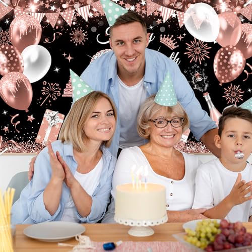 Image of Avezano Happy 60th Birthday Banner for Women Black and Rose Gold Glitter Balloon 60 Birthday Party Backdrop 60 Year Old Bday Photo Backdrop Party Supplies 70.8 x 43.3 Inch