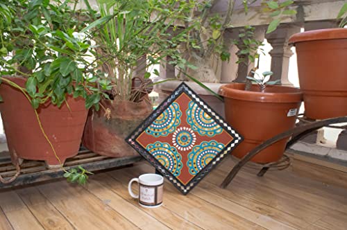 Image of Ethnics of Kutch Traditional Kutch Handicraft Mud-Mirrorwork Lippan Kam Wall Art (Water and Break Resistant) - Square (12 inch x 12 inch) - (Black - LKT-0217)