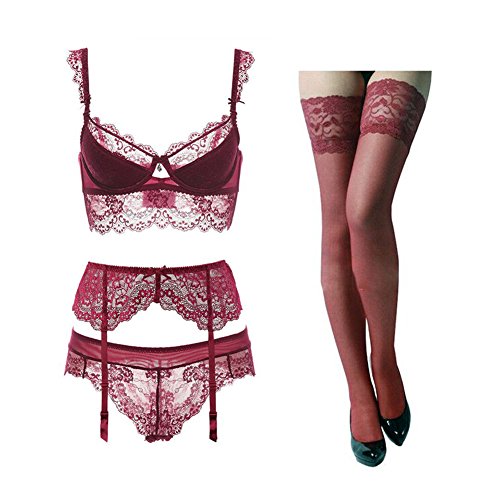 Varsbaby Femmes Dentelle Soutien-Gorge et Culotte et jarretière et Bas 4pcs / lot