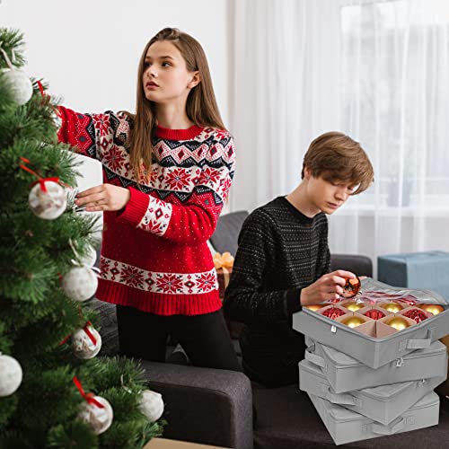 ProPik 4 Pcs Christmas Ornament Storage Boxes with Dividers, Transparent Top Zipper Closure, 4 Individual Ornament Holder Trays, Keeps 64 Holiday Ornaments, Ornament Organizer Storage Box (Gray) - Thumbnail 7