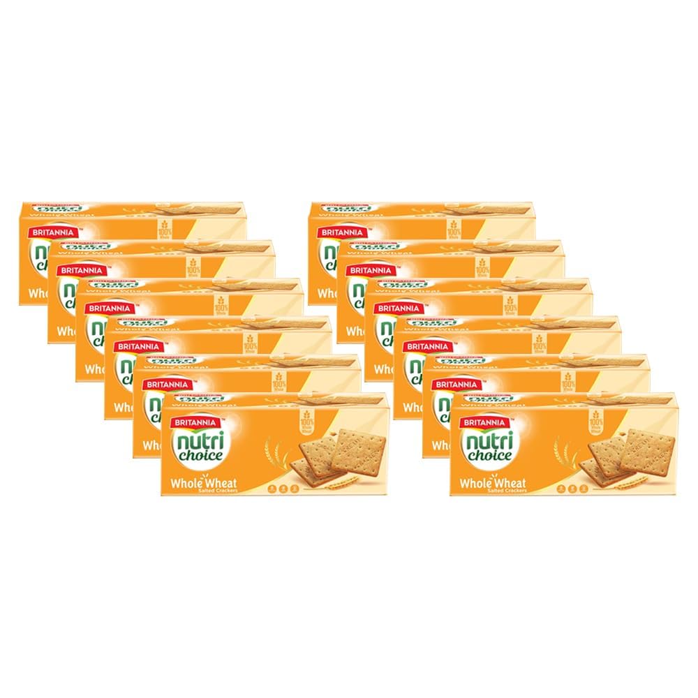 BRITANNIA Nutri Choice Whole Wheat Salted Crackers 7.05oz (200g) - Healthy Breakfast & Tea Time Snacks (Pack of 12)