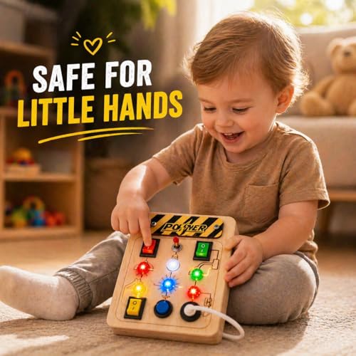 Image of SHINETOY Wooden Busy Board Sensory Toy - Power Control Panel with LED Indicators, Toggle Switches & Big Push Button | Learn Electricity & Circuits | Safe & Fun Gift for Boys & Girls