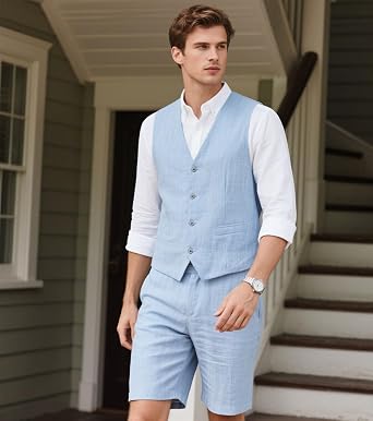 Mens Linen Vest Short Pants Set 2 PC Slim Fit Groomsmen Tuxedos Mens Summer Beach Wedding Suit
