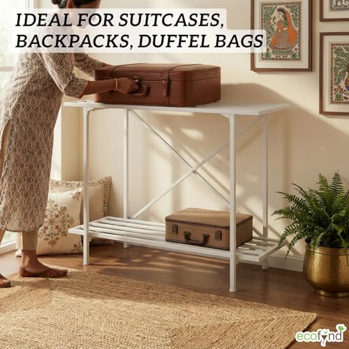 Image of ecofynd Metal Luggage Rack, 2-Tier Space-Saving Travel Organizer, Stable Luggage Holder for Guest Room, Bedroom, Hotel, Holds up to 150 Kg, Strong, Non-Slip Feet, X-Cross Brace at Back (White)